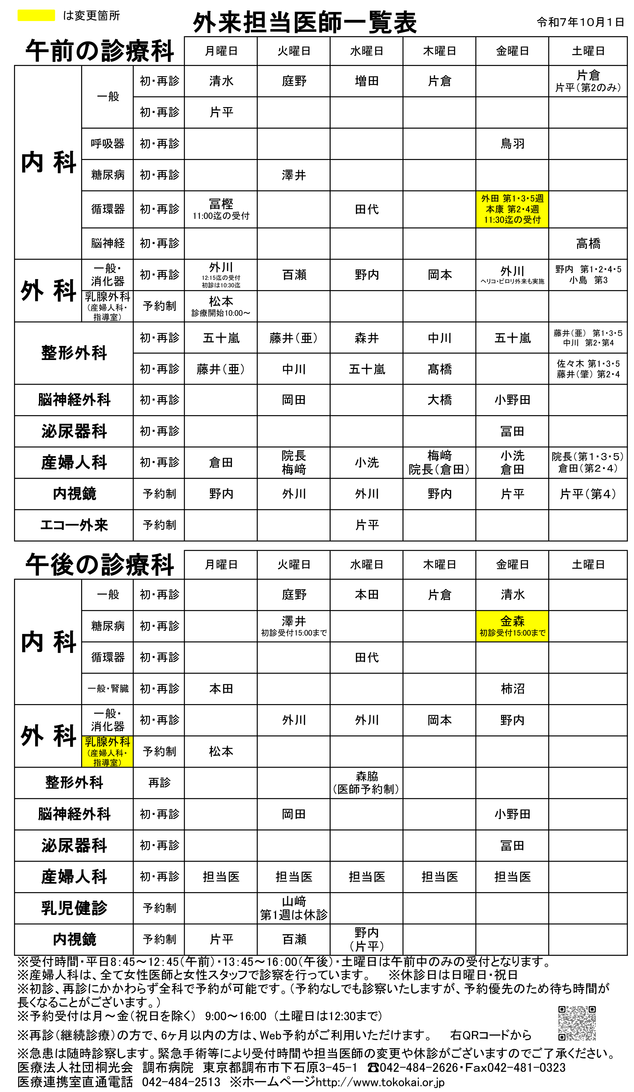 外来診療担当医一覧表